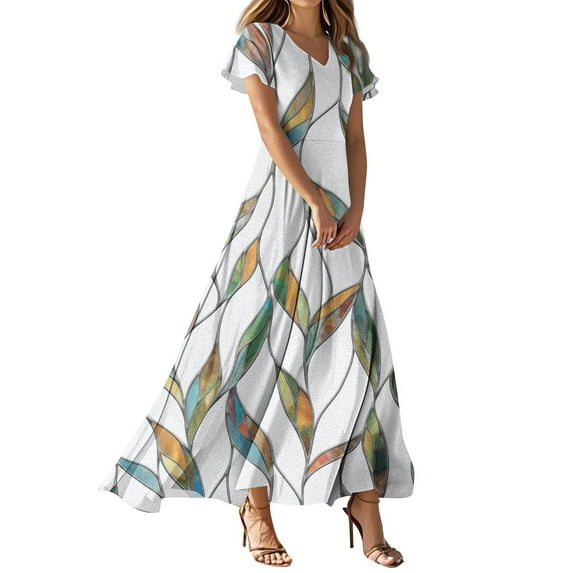 TQWQT Summer Dresses for Women 2025 Short Sleeve Floral Boho Maxi Dress Tiered V-neck Casual Chiffon Dresses Plus Size Wedding Guestes Dress Green XS