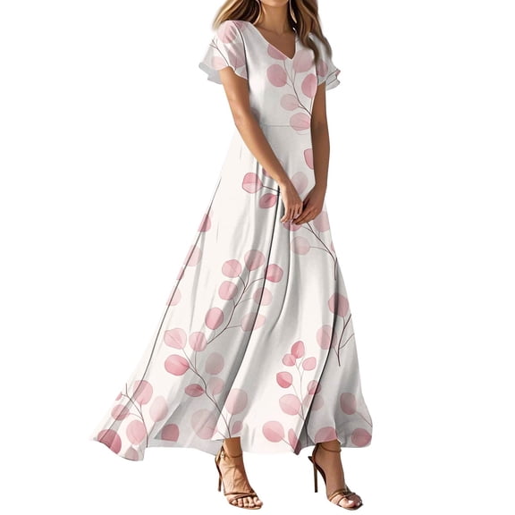 TQWQT Summer Dresses for Women 2025 Short Sleeve Floral Formal Maxi Dress V Neck Casual Wedding Guestes Dress Plus Size Bridesmaid Dress Pink XXL