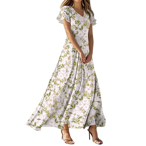 TQWQT Summer Dresses for Women 2025 Short Sleeve Floral Formal Maxi Dress V-neck Casual Church Dresses Plus Size Wedding Guestes Dress Multicolor XL