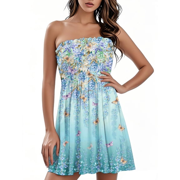 TQWQT Summer Dresses for Women 2025 Strapless Sundresses Casual Tube Tops Plus Size Dress Floral Print Bathing Suit Cover Up Sky Blue S