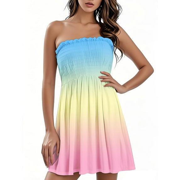 TQWQT Summer Dresses for Women 2025 Vacation Beach Swim Cover Up Strapless Tube Tops Dress Gradient Print Tube Top Sundresses Green XL