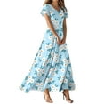 thumbnail image 1 of TQWQT Summer Dresses for Women Short Sleeve Floral Flowy Maxi Dress V Neck Casual Church Dresses Plus Size Wedding Guestes Dress Blue XL, 1 of 5