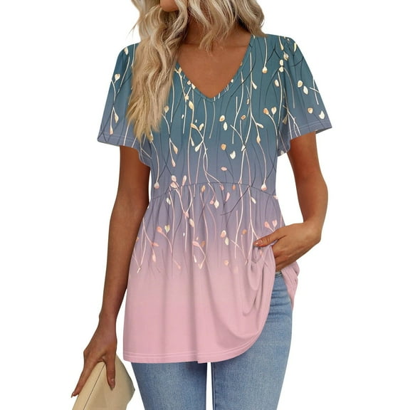 TQWQT Summer Peplum Tops for Women Casual Short Sleeve Blouse Babydoll V-Neck Shirts Puff Sleeve Floral Flowy Tunic Top Plus Size Maternity Clothes Light pink 2XL