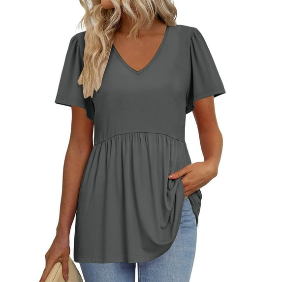 TQWQT Summer Peplum Tops for Women Cute V-Neck Babydoll Short Sleeve Tunic Top Solid Color Ruffle Shirt Puff Sleeve Blouse Plus Size Maternity Clothes Gray 3XL