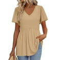 thumbnail image 1 of TQWQT Summer Peplum Tops for Women Loose Vneck Babydoll Short Sleeve Tunic Top Solid Color Dressy Tshirts Puff Sleeve Blouses Plus Size Maternity Clothes Khaki M, 1 of 5