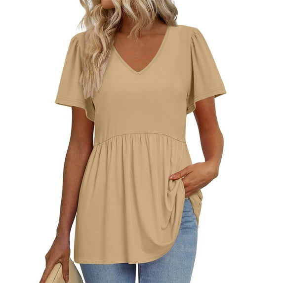 TQWQT Summer Peplum Tops for Women Loose Vneck Babydoll Short Sleeve Tunic Top Solid Color Dressy Tshirts Puff Sleeve Blouses Plus Size Maternity Clothes Khaki M
