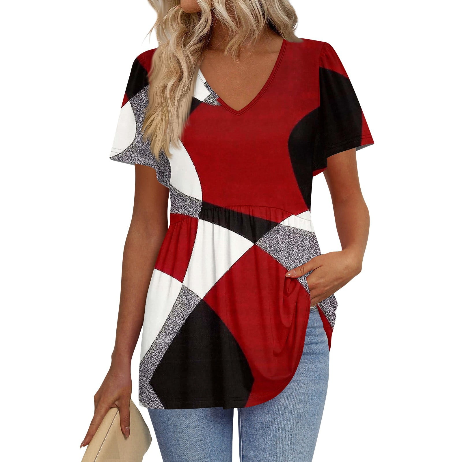 TQWQT Summer Peplum Tops for Women Short Sleeve Babydoll V Neck T-Shirt ...