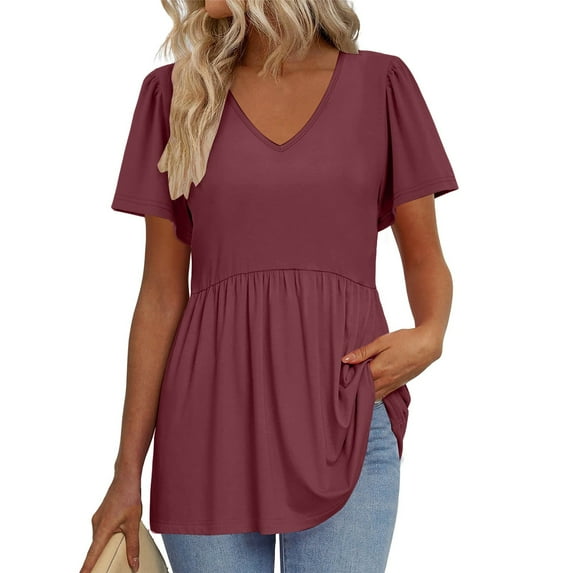 TQWQT Summer Peplum Tops for Women Short Sleeve Babydoll V Neck Tunic Top Flowy Casual Tshirt Puff Sleeve Solid Color Blouse Beach Vacation Clothes Wine M