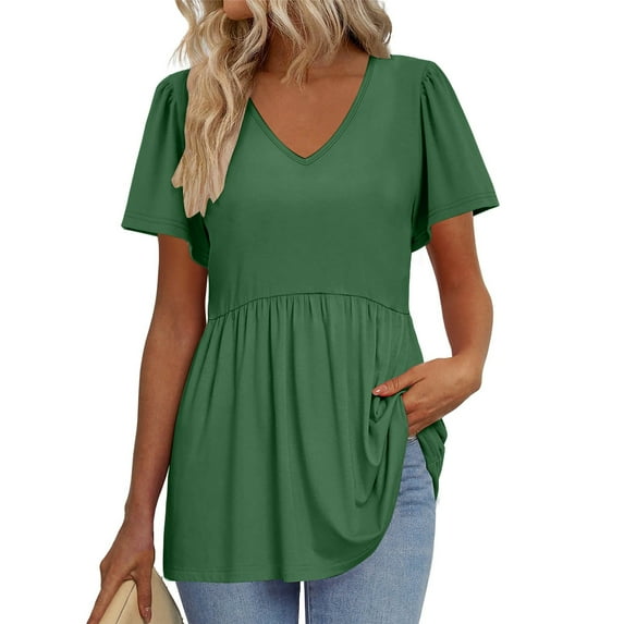 TQWQT Summer Peplum Tops for Women Short Sleeve Babydoll Vneck T-Shirts Flowy Casual Tunic Top Puff Sleeve Solid Color Blouse Plus Size Maternity Clothes Dark Green 2XL