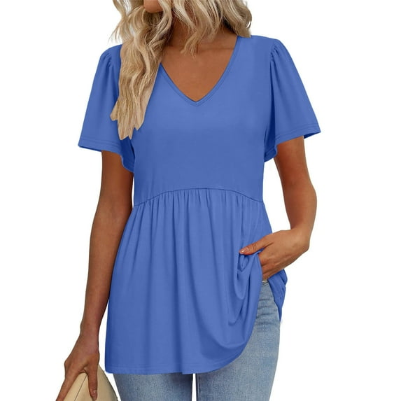 TQWQT Summer Peplum Tops for Women Short Sleeve Babydoll Vneck Tshirts Casual Casual Tunic Top Puff Sleeve Solid Color Blouse Plus Size Maternity Clothes Blue 3XL