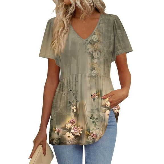 TQWQT Summer Peplum Tops for Women Vneck Short Sleeve Babydoll Blouse Floral Graphic Cute Shirt Puff Sleeve Tunic Top Beach Vacation Clothes Gray M