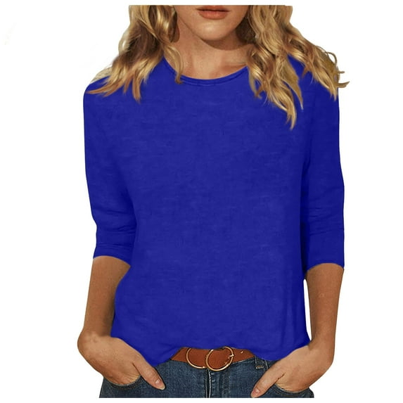 TQWQT Summer Savings Women's Solid T-shirt Mid-length 3/4 Sleeves Blouse Round Neck Casual Tops Blue 4XL