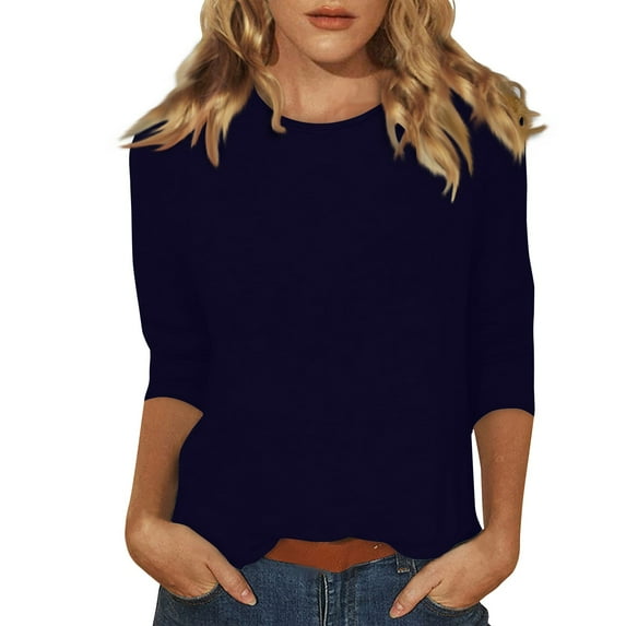TQWQT Summer Savings Women's Solid T-shirt Mid-length 3/4 Sleeves Blouse Round Neck Casual Tops Royal Blue M