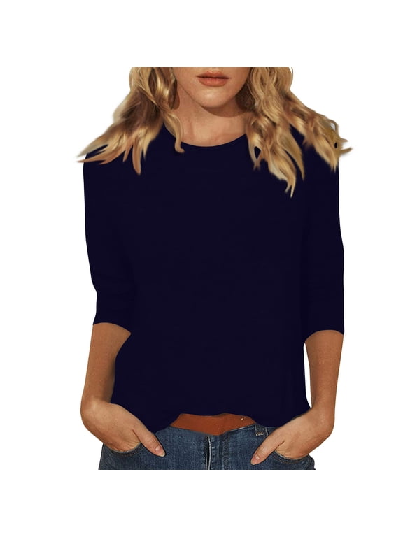 Women's Solid T-shirt Mid-length 3/4 Sleeves Blouse Round Neck Casual Tops Royal Blue M