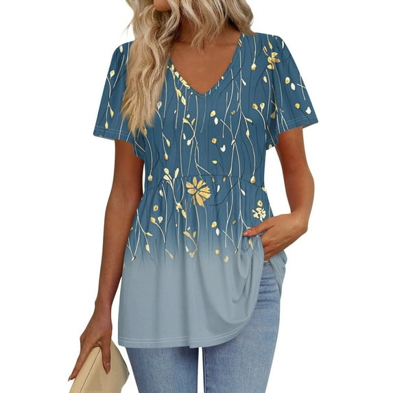 TQWQT Summer Tops for Women Babydoll Short Sleeve Shirt Peplum V-Neck Tunic Top Puff Sleeve Floral Fashion Blouses Plus Size Maternity Clothes Light Blue 3XL