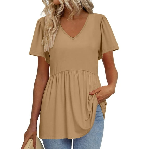 TQWQT Summer Tops for Women Loose V-Neck Peplum Short Sleeve Blouses Solid Color Dressy Shirt Puff Sleeves Tunic Top Plus Size Maternity Clothes Camel L