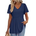 thumbnail image 1 of TQWQT Summer Tops for Women Short Sleeve Peplum V Neck Blouses Plus Size Trendy Shirts Puff Sleeve Solid Color Tunic Top Maternity Clothes Dark Blue 3XL, 1 of 5