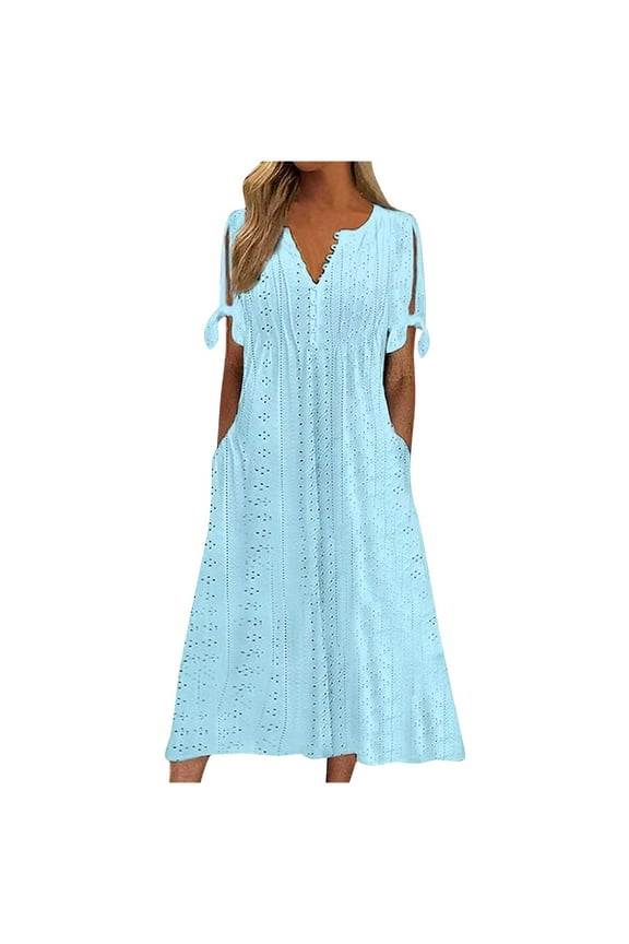 Sundresses for Women Boho Eyelet Maxi Long Dresses Summer Trendy Short Sleeve Shirt Dresses Beach Vacation Sundress Party Older Dresses Blue L