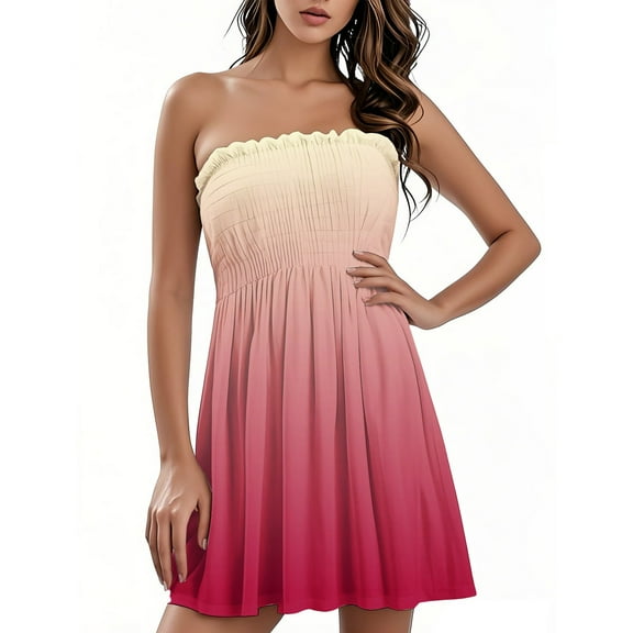 TQWQT Sundresses for Women Strapless Boho Summer Dresses Casual Tube Tops Boho Dress Gradient Print Swim Cover Up Red XL