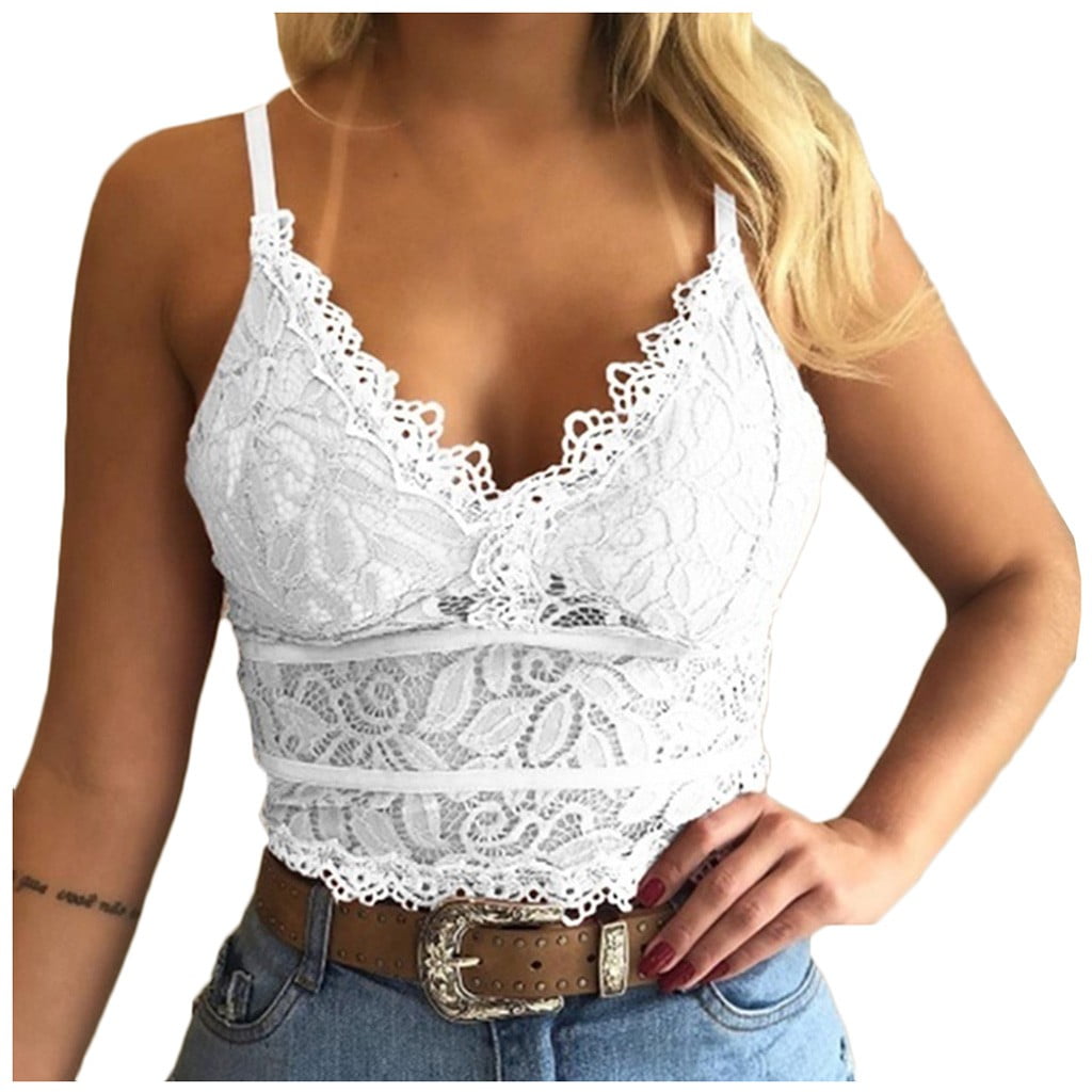 TQWQT Tank Top for Women Cropped Sleeveless V-Neck Spaghetti Straps Push Up  Crop Top Lace Bra Tank Tops,White S
