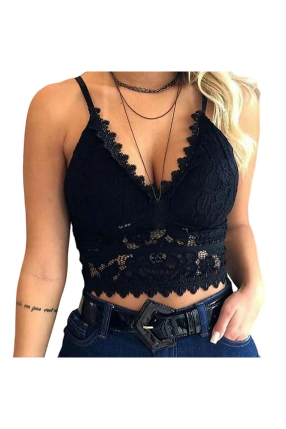 TQWQT Tank Top for Women Lace V-Neck Floral Scallop Crop Cami Bust Backless Bralette,Black M