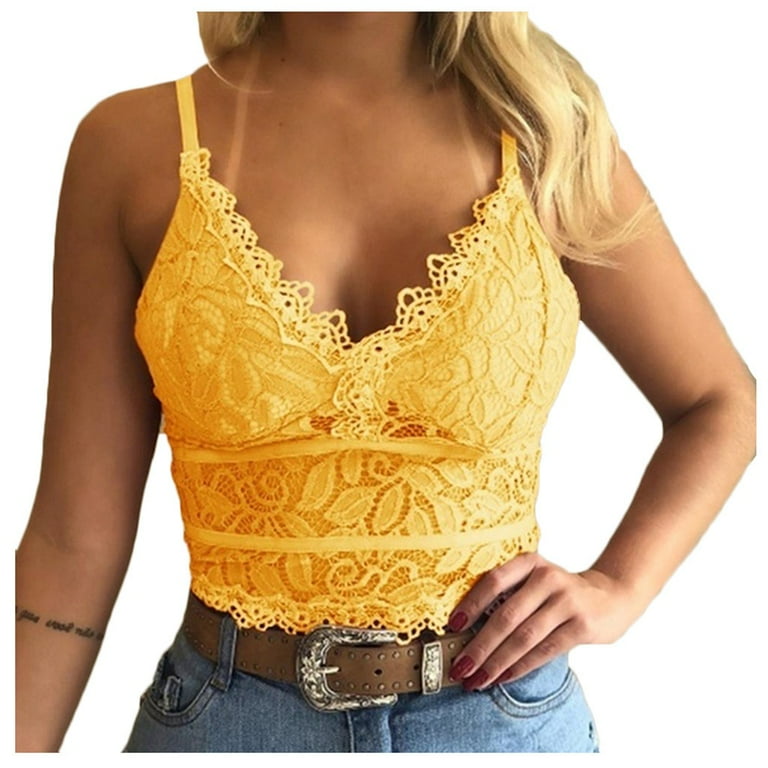 TQWQT Tank Top for Women Sleeveless V-Neck Spaghetti Straps Push Up Crop  Top Lace Bra Tank Tops,Yellow M