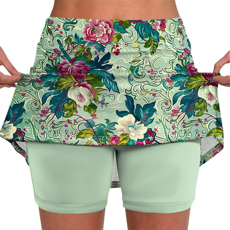 TQWQT Tennis Skirts for Women Plus Size Tummy Control Workout Shorts Floral Print High Waisted Athletic Yoga Skirt Set with Pockets Green S