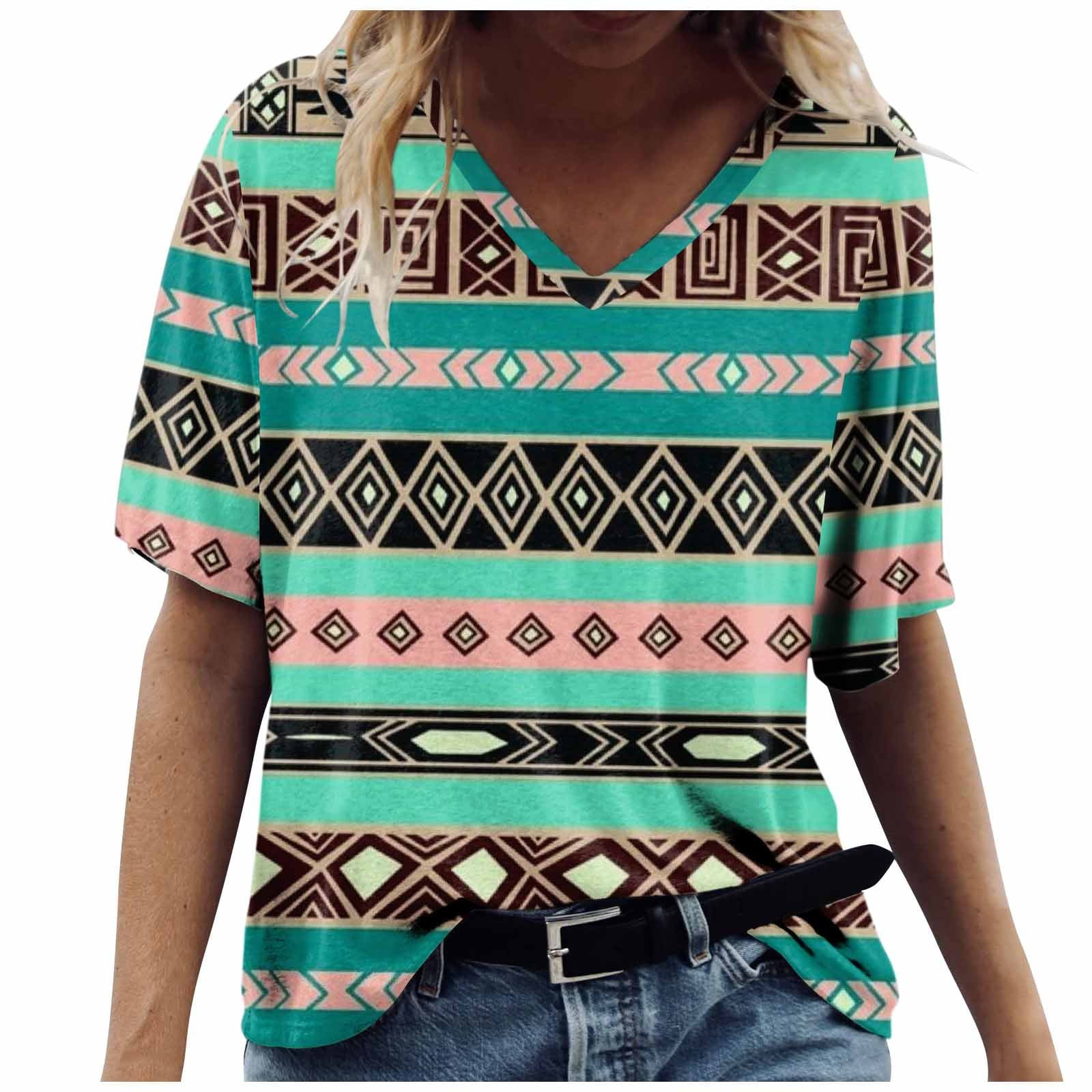  Gamivast Tops for Womens T Shirt Western Aztec Ethnic Print  Blouse Long Sleeve Loose Fit Crew Neck Sweatshirt Casual Pullover : Sports  & Outdoors