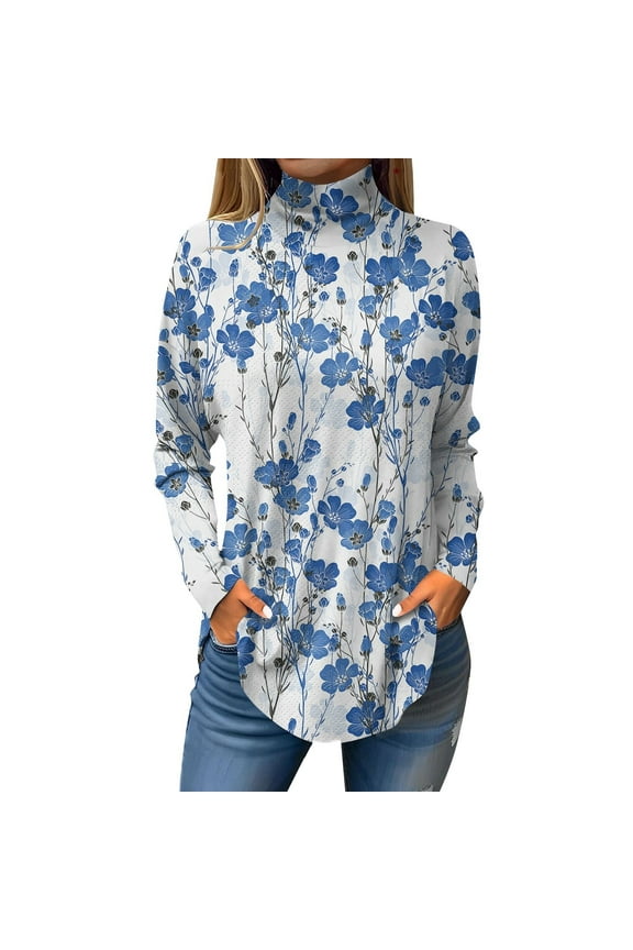 Tunic tops for Women Loose Fit Dressy Floral Print Tunic Top Long Sleeve Floral Printed Shirt Fall Turtleneck T-Shirt Curved Hem Graphic Tee Blue S