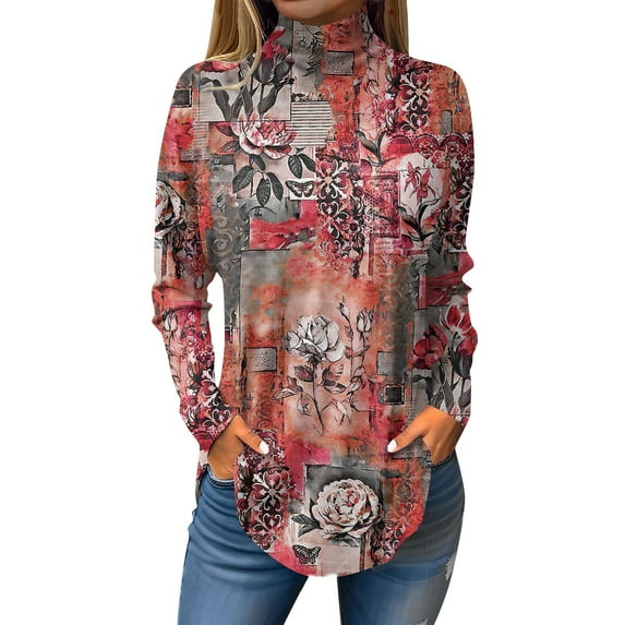 TQWQT Tunic tops for Women Loose Fit Dressy Floral Printed Shirts Long Sleeve Shirt Fall Mockneck T-Shirts Curved Hem Graphic Tee Hot Pink 2XL