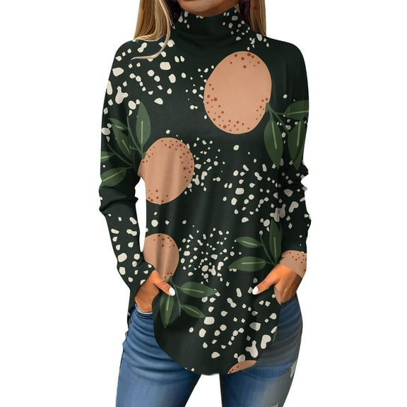 TQWQT Turtle Neck Tops for Women Long Sleeve Floral Printed Curved Hem Graphic Tee Turtleneck Loose Fit T Shirts Plus Size Fall Shirts Earthy Yellow S