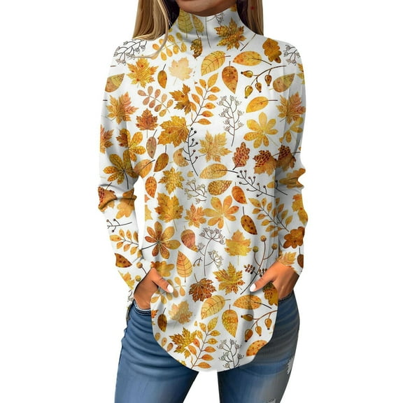 TQWQT Turtle Neck Tops for Women Long Sleeve Floral Printed Curved Hem Graphic Tee Plus Size Mockneck Loose Fit T-Shirt Fall Tunic Top Gold 2XL