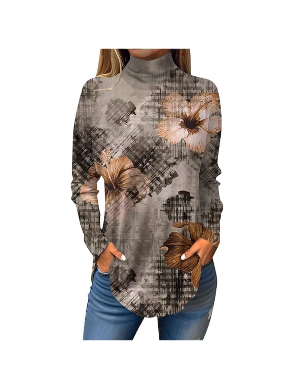 Turtle Neck Tops for Women Long Sleeve Floral Printed Curved Hem Graphic Tee Plus Size Turtleneck Loose Fit T Shirts Fall Shirts Gray 3XL