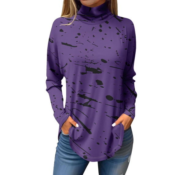 TQWQT Turtle Necks Tops for Women Long Sleeve Color Block Printed Curved Hem Graphic Tee Plus Size Turtleneck Loose Fit T-Shirts Fall Shirts Purple 3XL