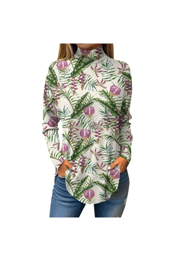 TQWQT Turtle Necks Tops for Women Long Sleeve Floral Printed Curved Hem Graphic Tee Mockneck Loose Fit T-Shirts Plus Size Fall Shirts Beige 3XL