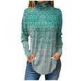 thumbnail image 1 of TQWQT Turtle Necks Tops for Women Long Sleeve Floral Printed Curved Hem Graphic Tee Mockneck Loose Fit T Shirts Plus Size Fall Shirts Cyan M, 1 of 5