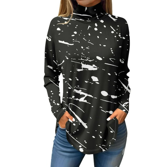 TQWQT Turtleneck Tops for Women Long Sleeve Color Block Printed Curved Hem Graphic Tee Turtleneck Loose Fit T-Shirt Plus Size Fall Tunic Top Black L