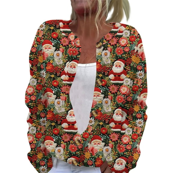 TQWQT Ugly Christmas Cardigan Sweaters for Women Open Front Santa Xmas Tree Print Cute Button Down Cardigan Graphic Sweater Plus Size Women Clothes Multicolor 4XL