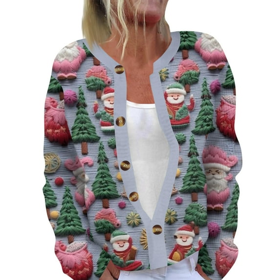TQWQT Ugly Christmas Sweater Women 2024 Open Front Santa Xmas Tree Print Funny Graphic Sweater Button Down Cardigan Cute Plus Size Women Clothes Hot Pink 2XL