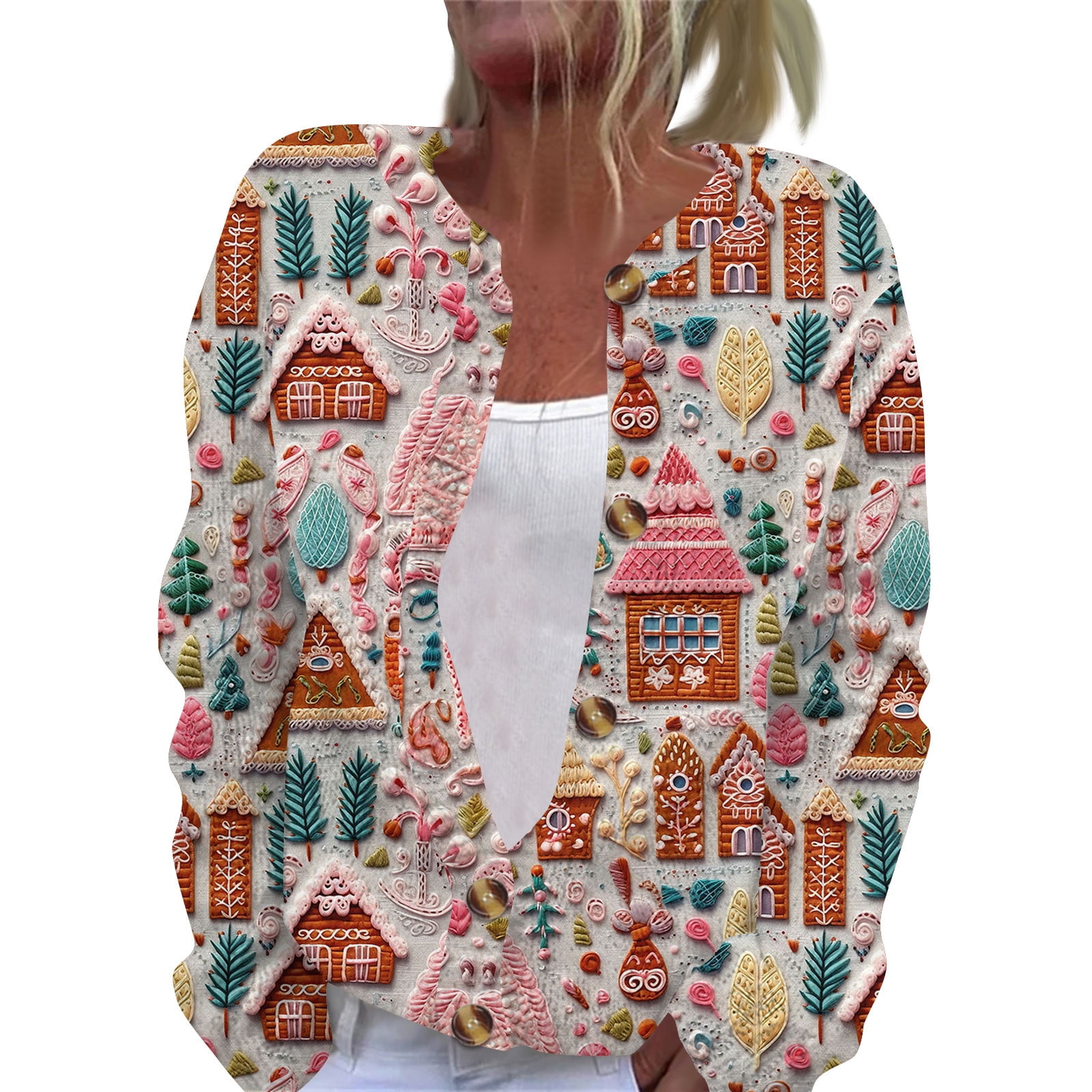 TQWQT Ugly Christmas Sweater Women Open Front Santa Xmas Tree Print ...