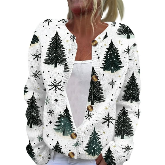 TQWQT Ugly Christmas Sweaters for Women Open Front Knitted Ugly Christmas Sweater Santa Xmas Tree Print Cute Graphic Button Down Sweater Cardigans Women Plus Size Cardigan Dark Green S