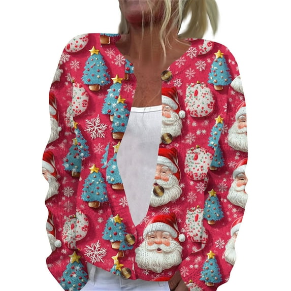 TQWQT Ugly Christmas Sweaters for Women Plus Size Open Front Santa Xmas Tree Print Cute Graphic Sweater Cardigans Button Down Cardigan Trendy Women Clothes Red L