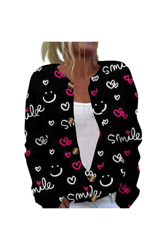 TQWQT Valentines Day Cardigan Sweaters for Women Plus Size Open Front Love Heart Print Cute Button Down Sweater Cardigans Knitted Sweaters 4XL