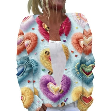 TQWQT Valentines Day Sweaters for Women 2025 Heart Cardigan Sweater Open Front Love Heart Print Cute Button Down Sweater Cardigans Women Plus Size Knitted Sweater L