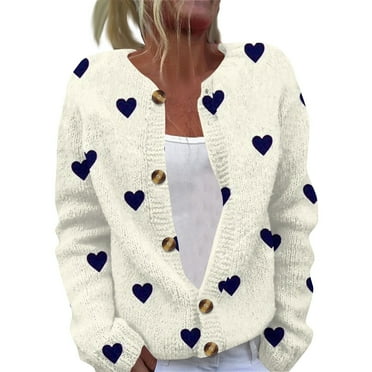 TQWQT Valentines Day Sweaters for Women Plus Size Open Front Knitted Heart Sweater Love Heart Print Cute Button Down Sweaters Cardigans 3XL