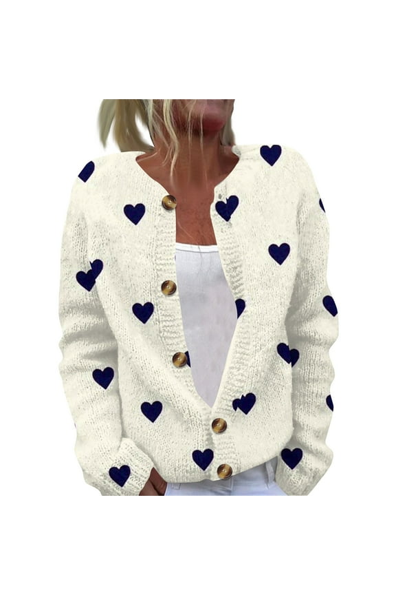 TQWQT Valentines Day Sweaters for Women Plus Size Open Front Knitted Heart Sweater Love Heart Print Cute Button Down Sweaters Cardigans 3XL