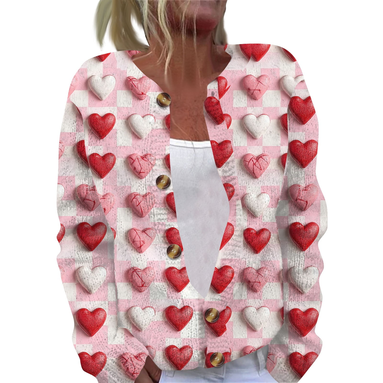 Women's Oversized Bow Sweater - Cute Love Heart Print, Chunky Knit Pullover, Valentine's Day Top