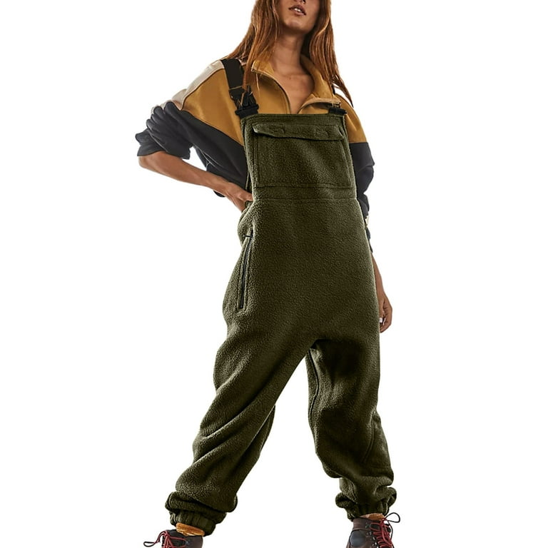 TQWQT Warm Fleece Overalls for Women Winter Fuzzy Jumpsuits Adjustable  Strap Sleeveless Fluffy Pants with Pockets Army Green M 