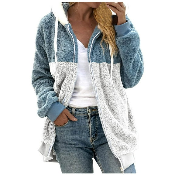 TQWQT Fleece Jacket Women, Womens Zip Up Plush Color Block Stitching Sherpa Jacket Coat Winter Warm Fleece Blanket Jackets with Hood for Women Sky Blue XXXL