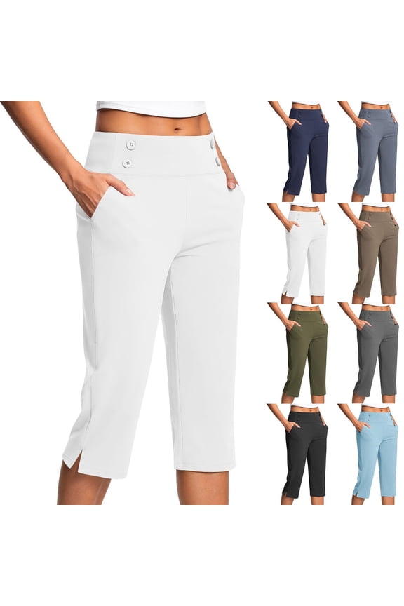 TQWQT White Capri Leggings for Women Summer Wide Leg Athletic Workout Capris with Pockets Tummy Control Capri Yoga Pants High Waist Plus Size Athletic Capri S